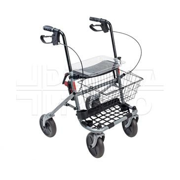 Rollator plegable de acero con asiento, bandeja y cesta