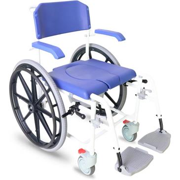 Silla de ruedas para ducha autopropulsable con inodoro. Color azul