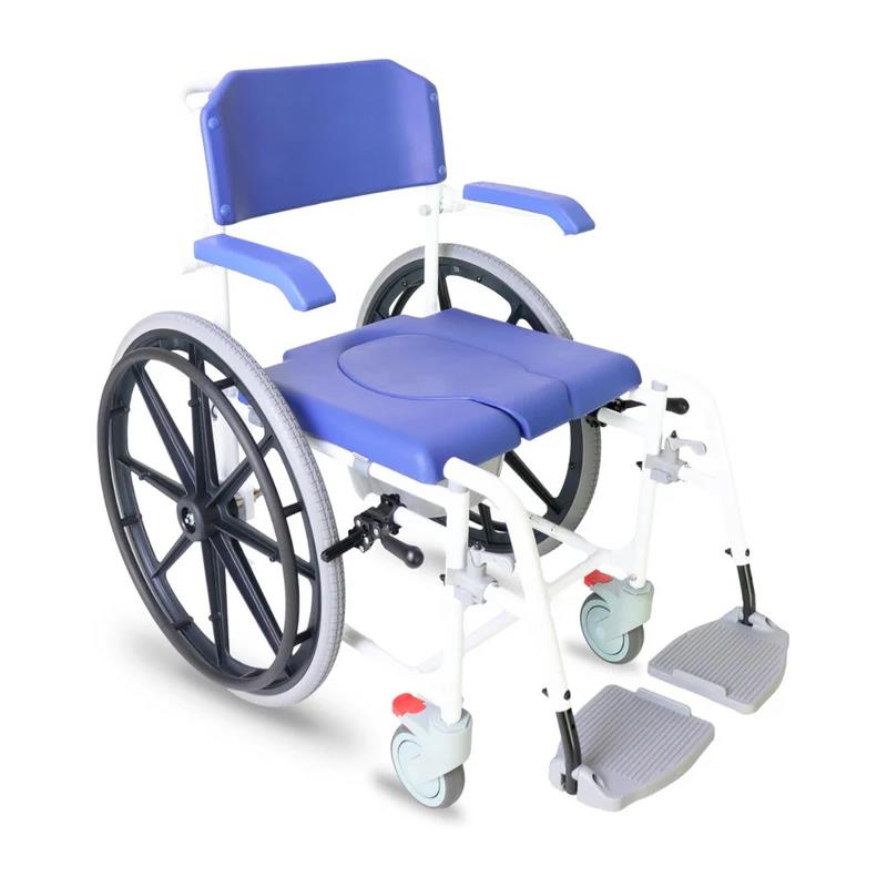 Silla de ruedas para ducha autopropulsable con inodoro. Color azul