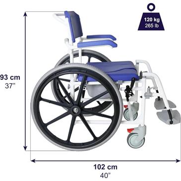 Silla de ruedas para ducha autopropulsable con inodoro. Color azul